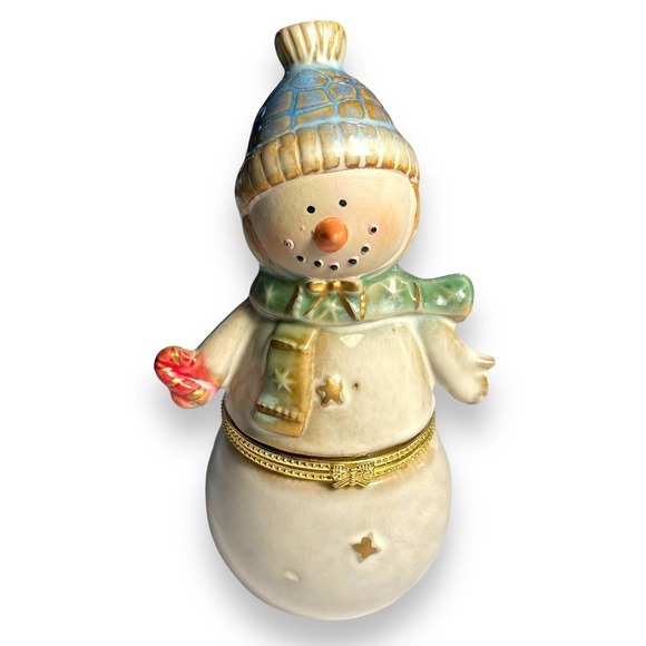 Porcelain Ceramic Hinged Trinket Box Christmas Snowman 5.5” - Picture 1 of 11